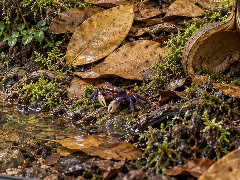 Small purple vampire crab on Jackfruit-shaped leaves above water