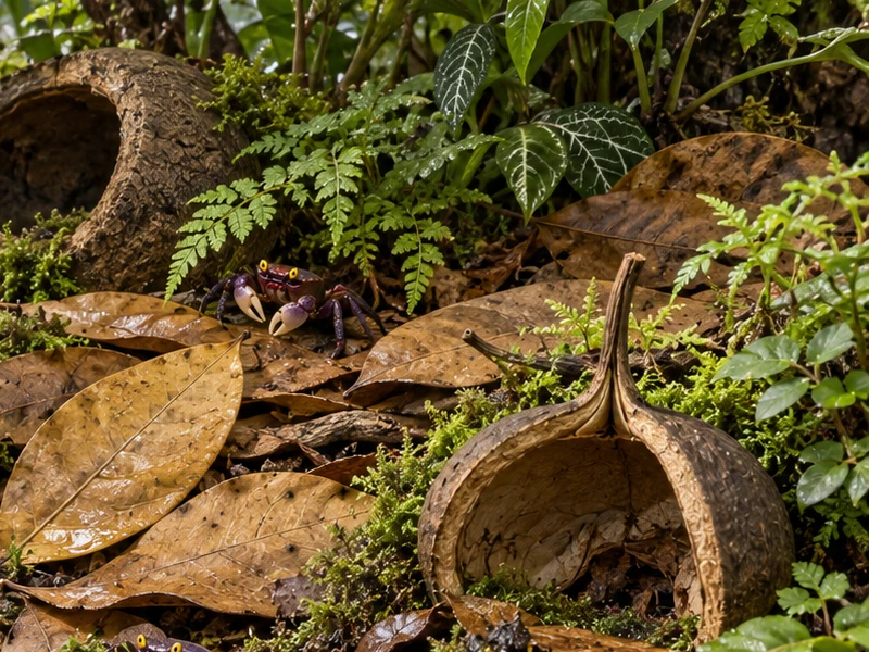 Open stemmed woody pod and a crab on raised land