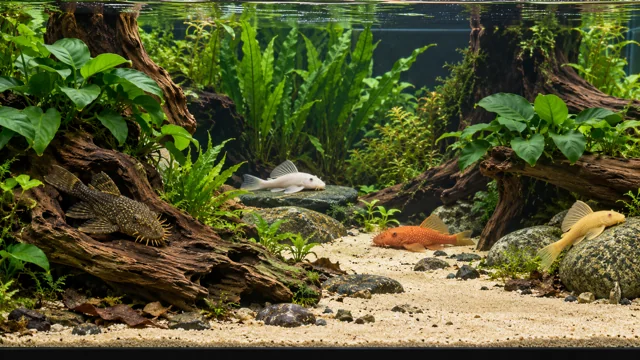 Brown, Super Red, yellow albino and dark-eyed white domestic Ancistrus in separate areas of a planted wood-and-stone aquarium