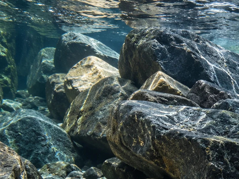 Varied rock faces and naturally shaded gaps in the riverbed structure