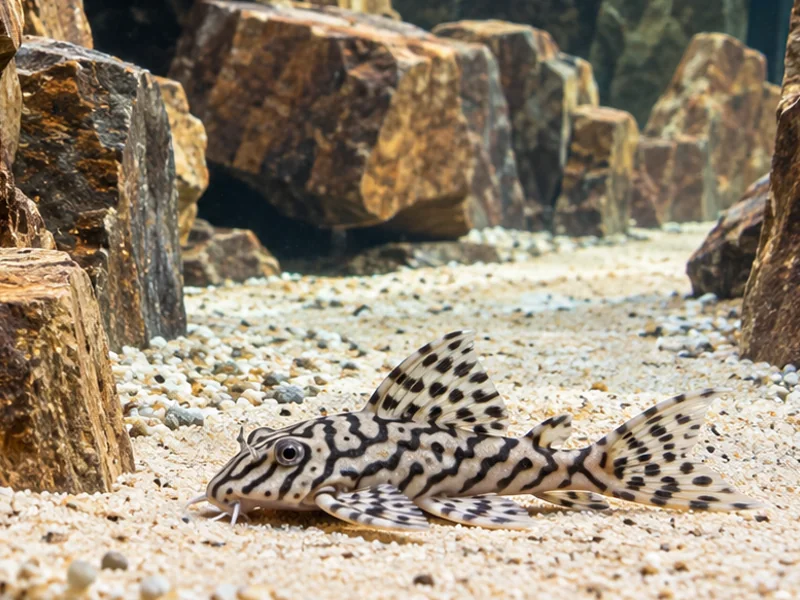 Cream and black L236-type Hypancistrus beside a rock shelter and open feeding lane