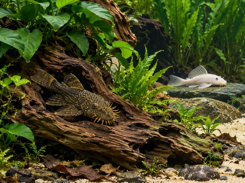 Brown bristlenose Ancistrus resting on planted aquarium wood with fleshy snout tentacles visible