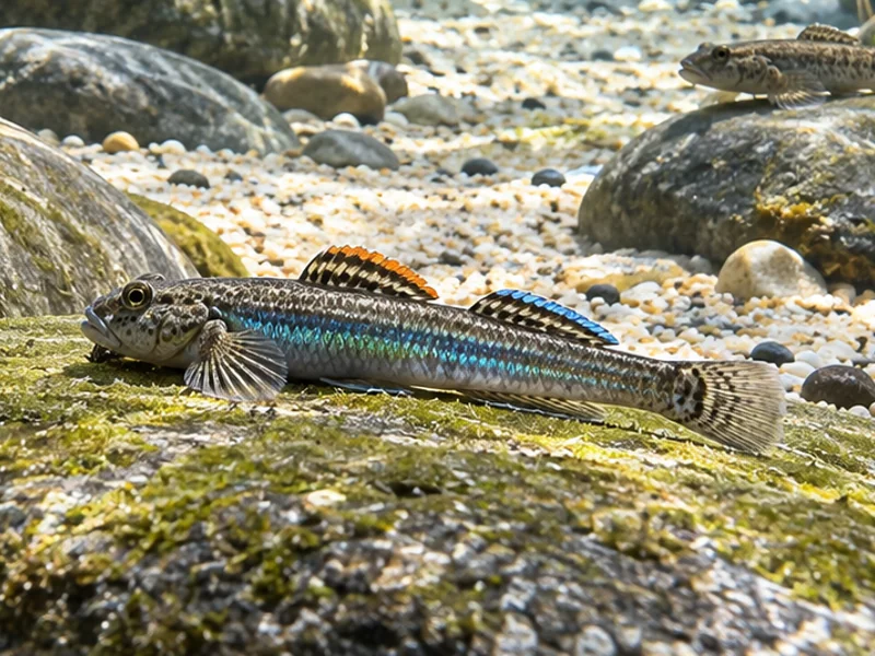 Blue-green male Stiphodon atropurpureus-type goby resting on a mature algae-coated stone