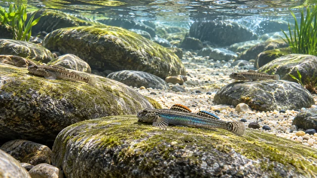 A blue-green male goby with two separate dorsal fins and plain females on mature grazing stones in a clear Asian-stream aquarium