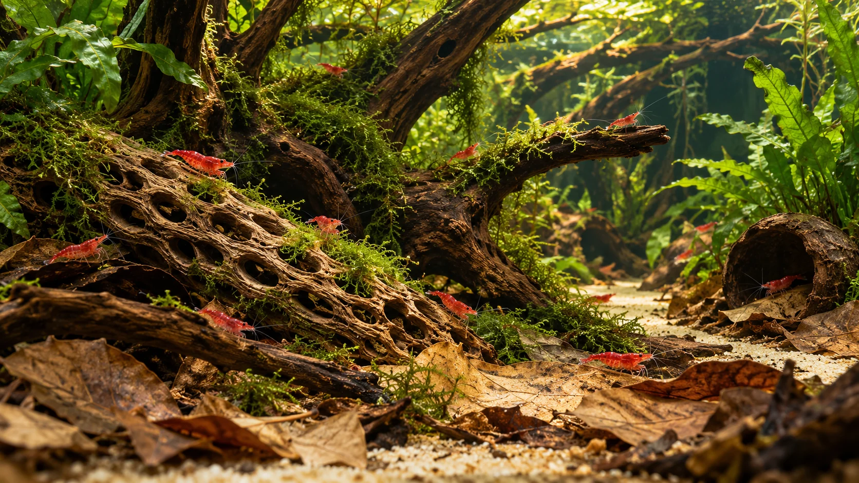 Red cherry shrimp grazing on Cholla, moss and leaves in a planted freshwater aquarium with open sand and a small shelter