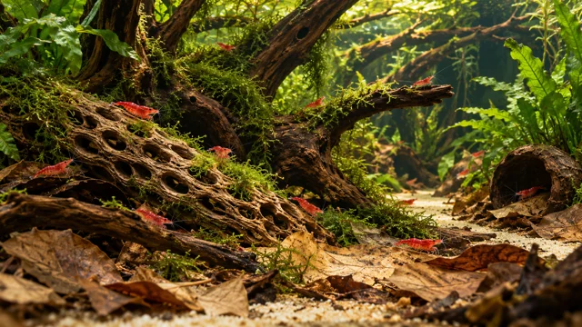 Cherry shrimp colony among Cholla, moss and leaf litter