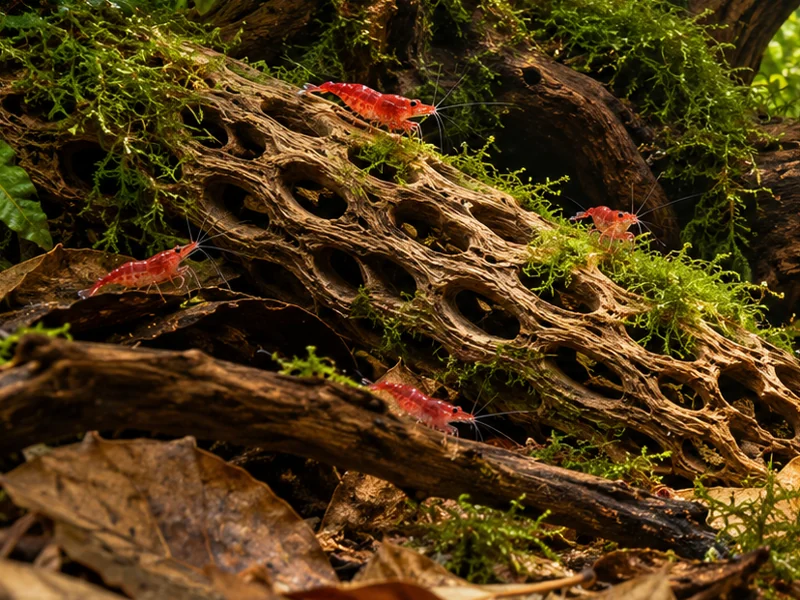 Cherry shrimp on the porous lattice of Cholla among moss