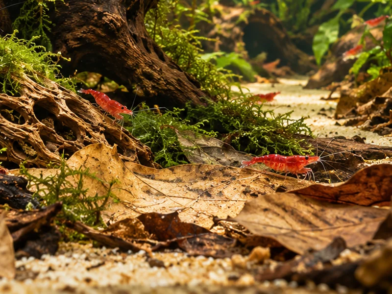 Cherry shrimp exploring brown leaf litter beside an open sandy route