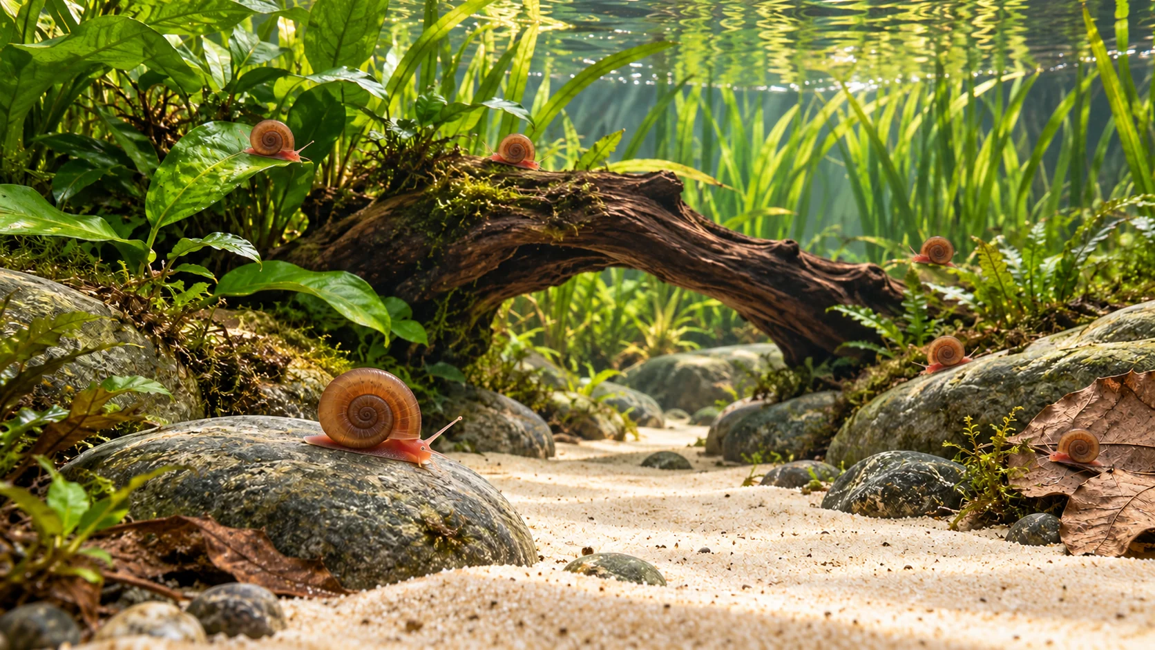 Brown ramshorn snails on broad green leaves, rounded stones and wood around an open pale sandy corridor in a planted freshwater aquarium