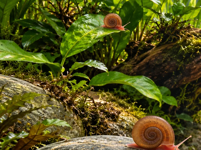 Ramshorn on a broad planted aquarium leaf beside wood