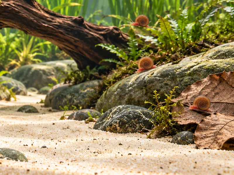Small ramshorn snails on rounded stones beside a brown leaf edge