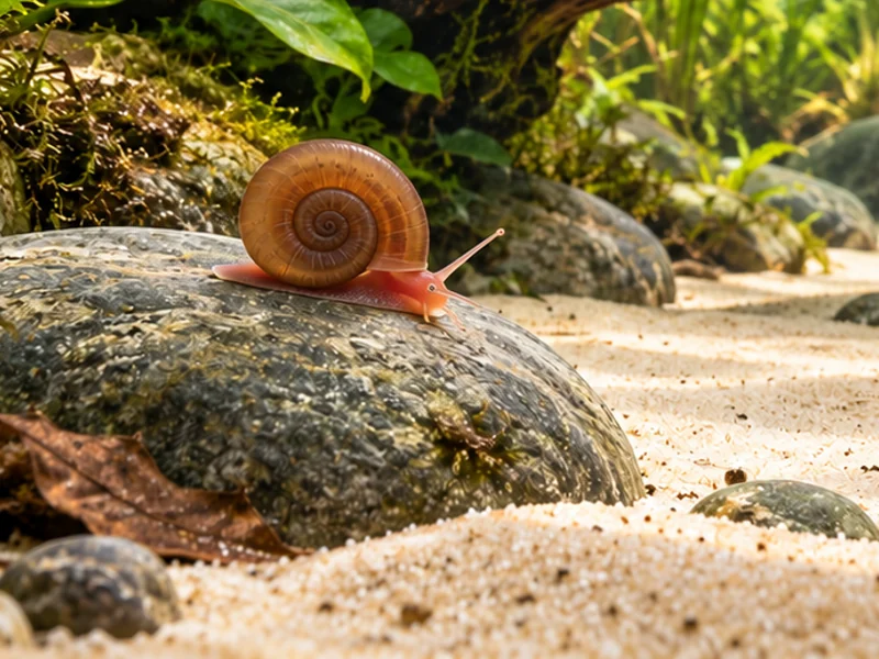 A ramshorn beside pale sand and rounded stones in a planted aquarium