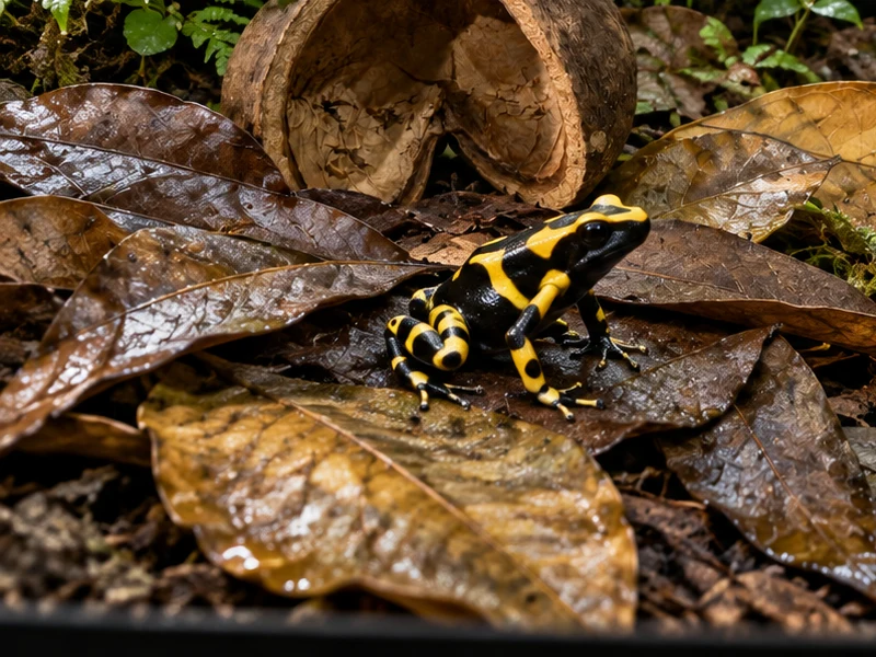 Yellow and black dart frog on layered brown leaves