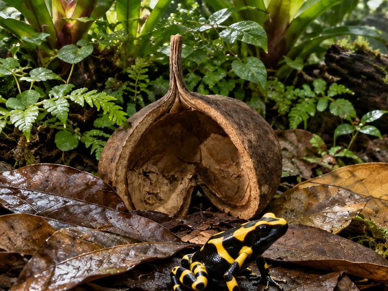 Open pointed woody pod beside broad leaves