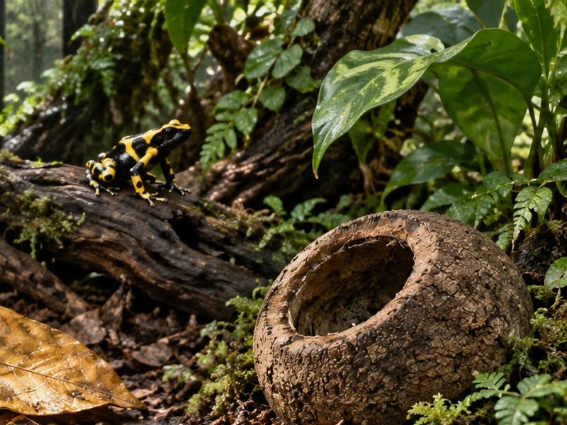 Round rough woody pod with green plants behind it