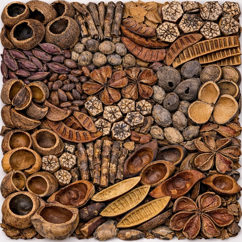 Assorted dried aquarium botanicals, pods, seed pieces and natural hardscape materials arranged together.