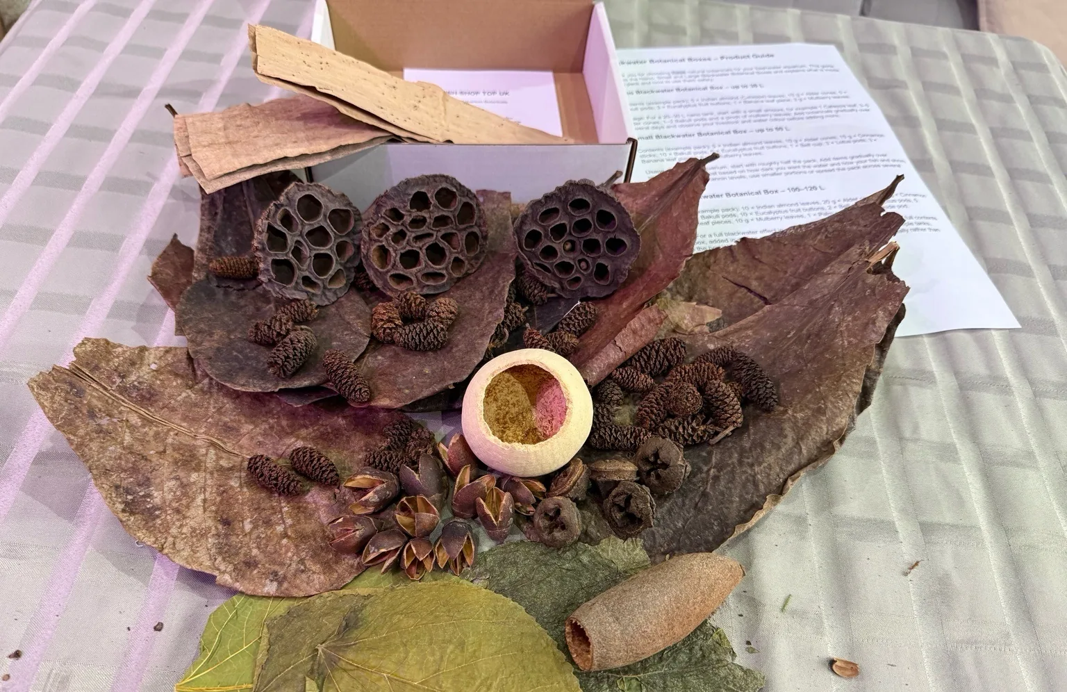 Open customer-style parcel with botanical leaf litter, pods and written preparation notes.