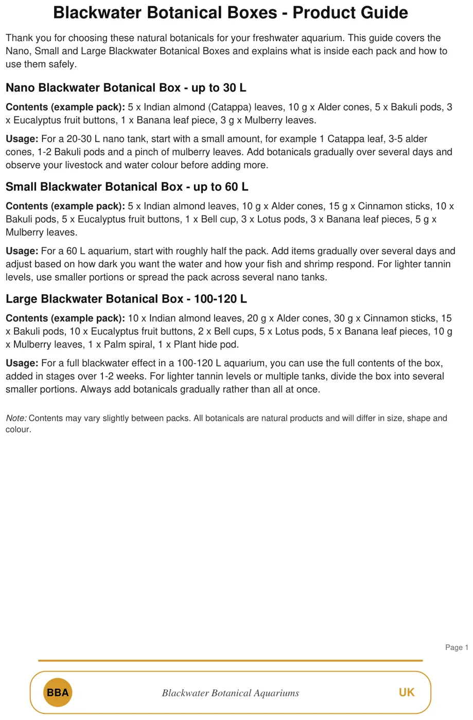 Blackwater Botanical Aquariums preparation instruction sheet with QR guidance footer.