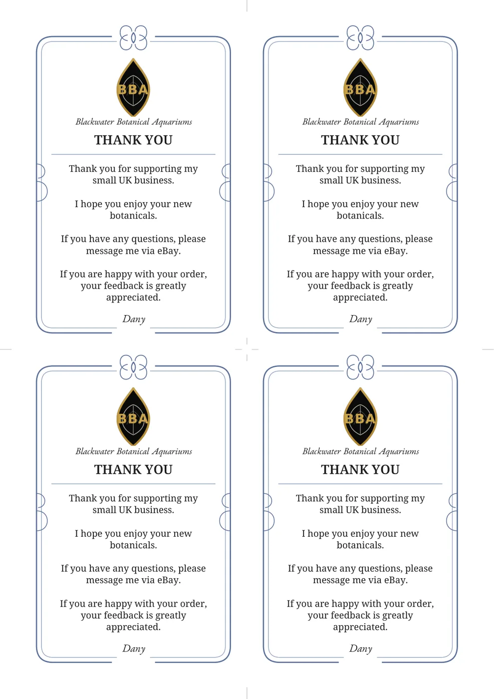 Blackwater Botanical Aquariums thank-you card sheet for customer parcels.